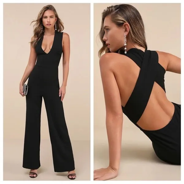 LULUS Thinking Out Loud Backless Black Jumpsuit Criss Cross Open Back Wide Leg S - Image 3