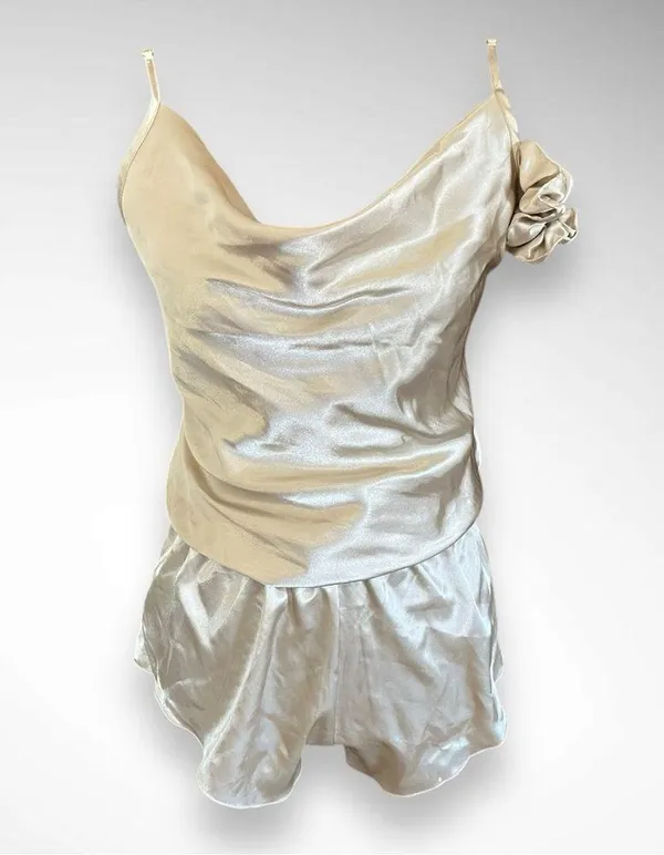 ANNA-KACI Khaki Satin Camisole And Shorts Pajama Set Medium | NWT - Image 2