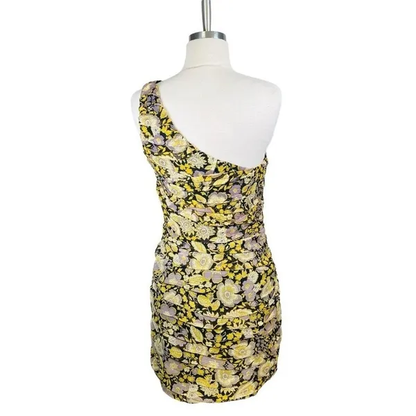 Zara Floral One Shoulder Ruched Mini Dress Size‎ M Yellow Purple Metallic NWT - Image 4