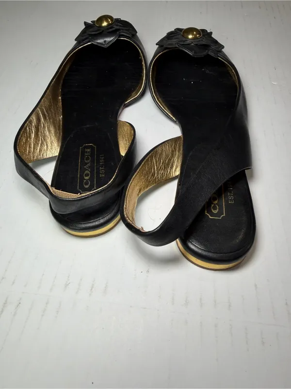 Coach Black Leather Slingback Flats with Floral Stud Accent - Image 7