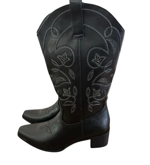 IUV Women’s Size 10 Black Leather Cowboy Cowgirl Boots Embroidered Pointy Toe - Image 9
