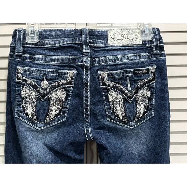 Miss Me Crop Denim Jeans Sequins/Embroidered/Gems Logo‎ Size 27 Western/Boho - Image 4