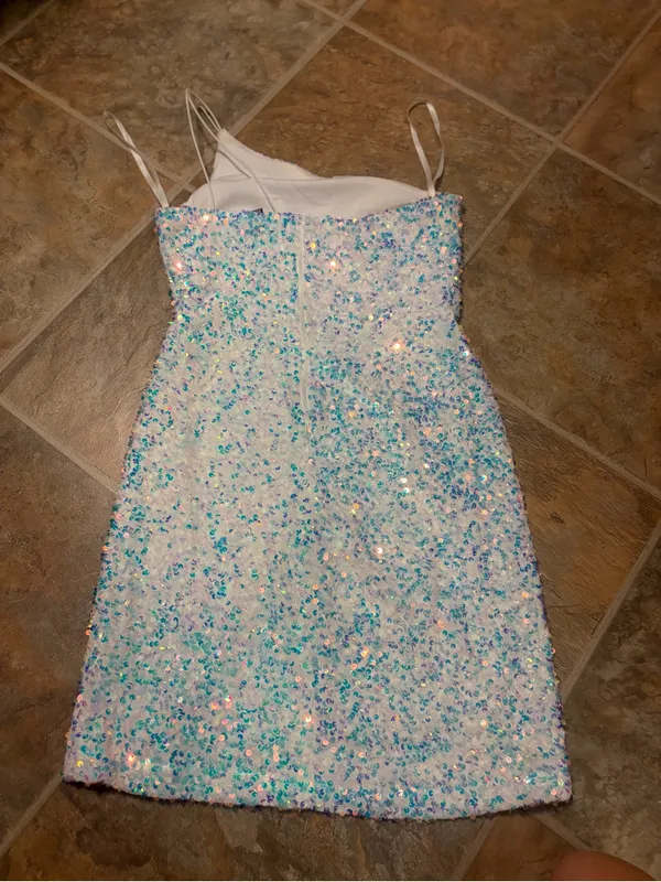 Windsor Sequin One-Shoulder Mini Dress in Iridescent White-Blue Med - Image 4