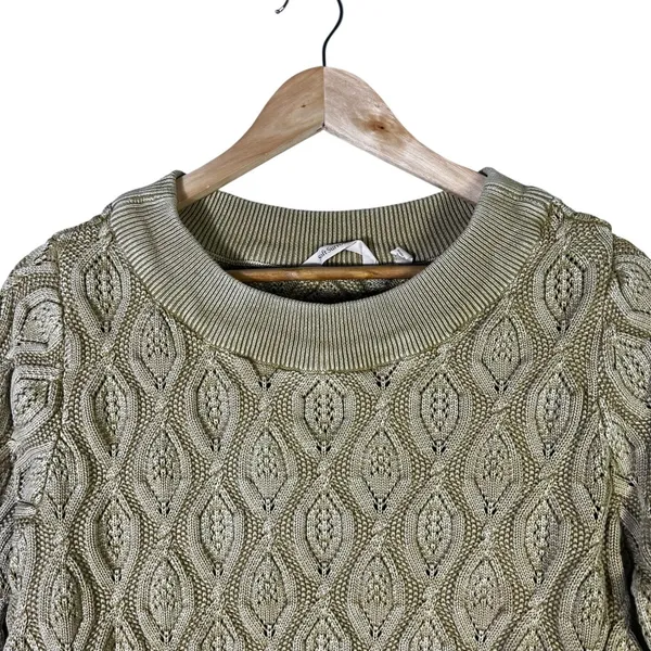 Soft Surroundings Pointelle Open Knit Pullover Sweater Olive Green Boho Size L - Image 3