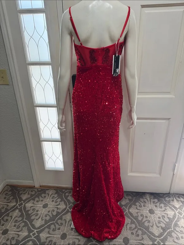 Unbranded Off shoulder Beaded Corset Slit Red Sequin Ruched Evening Gown Sz 6 A - Image 9