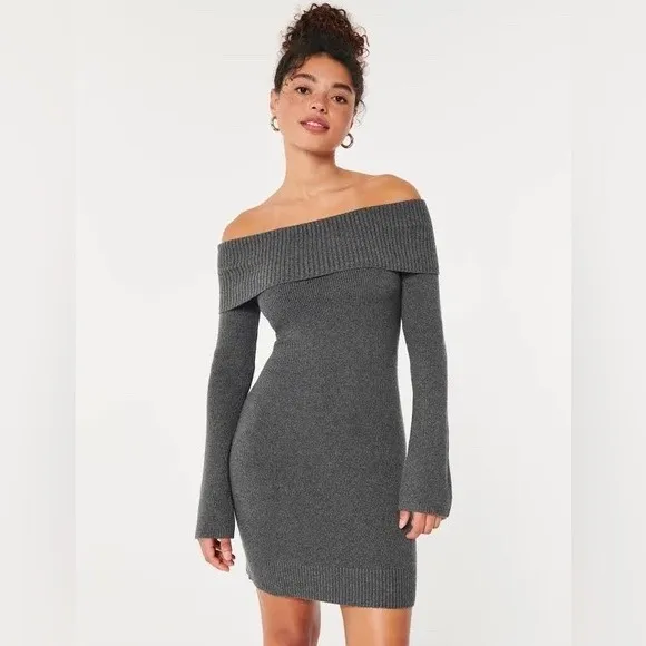 Hollister Sweater Dress Women Small Gray NWT‎ Off Shoulder Ribbed Knit Coquette - Image 3