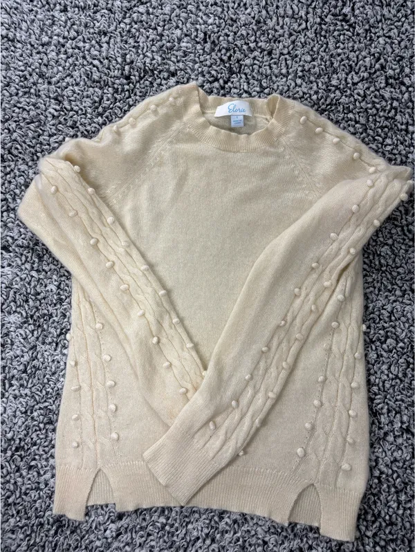 100% Cashmere Sweater Women Size S Cream Cable Knit Pom Pom Beaded Luxury - Image 3