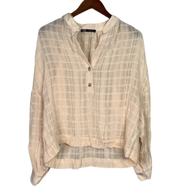 Zara Long Sleeve Oversized Flowing Loose Semi Sheer V Neck Blouse XS Soft Peach - Image 12