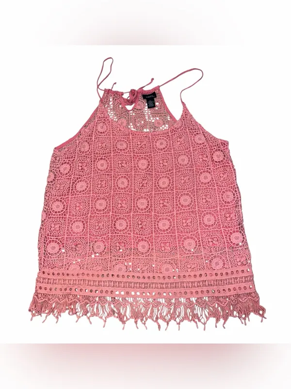 Rue 21 Pink Crochet Fringe Tank Top Boho Festival Beach Cami Lined L - Image 4