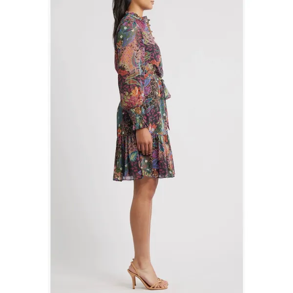 Vince Camuto Floral Paisley Long Sleeve Mini Dress Ruffle Neck Belted Colorful - Image 3