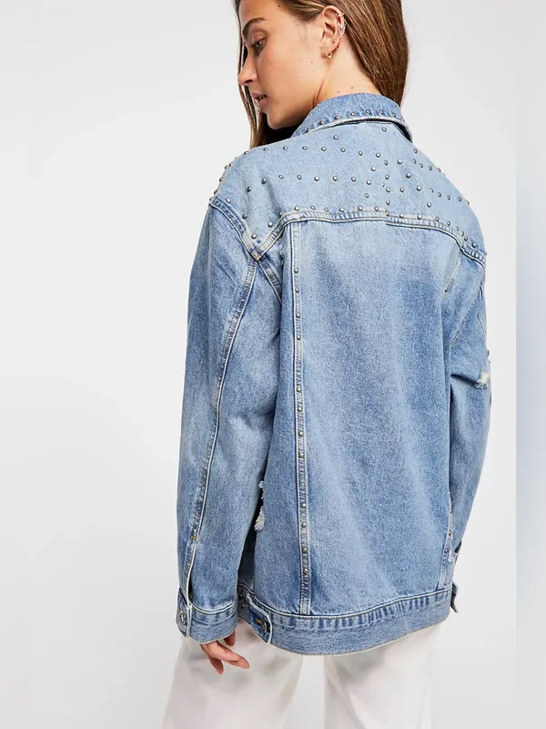 Free People Studded Denim Trucker Jacket $148 MSRP - Image 6