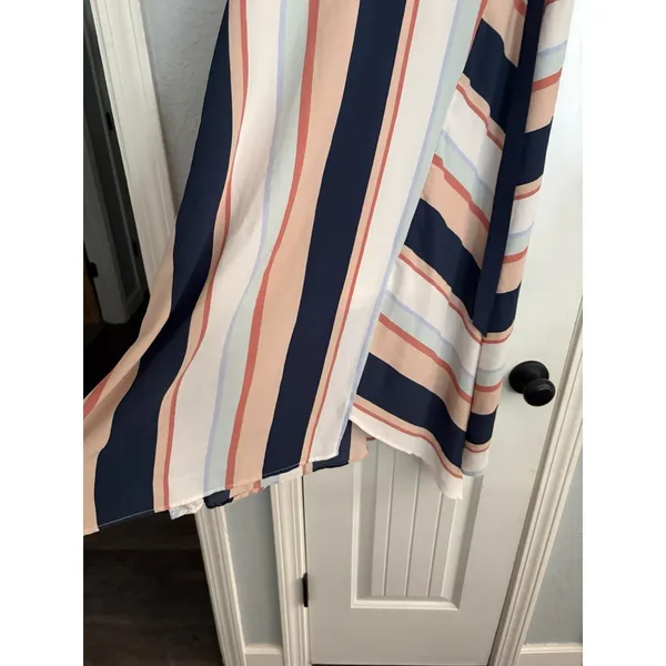 Luxology Striped Faux Wrap Midi Dress Womens Large Navy Peach Flutter Sleeve EPC - Image 3