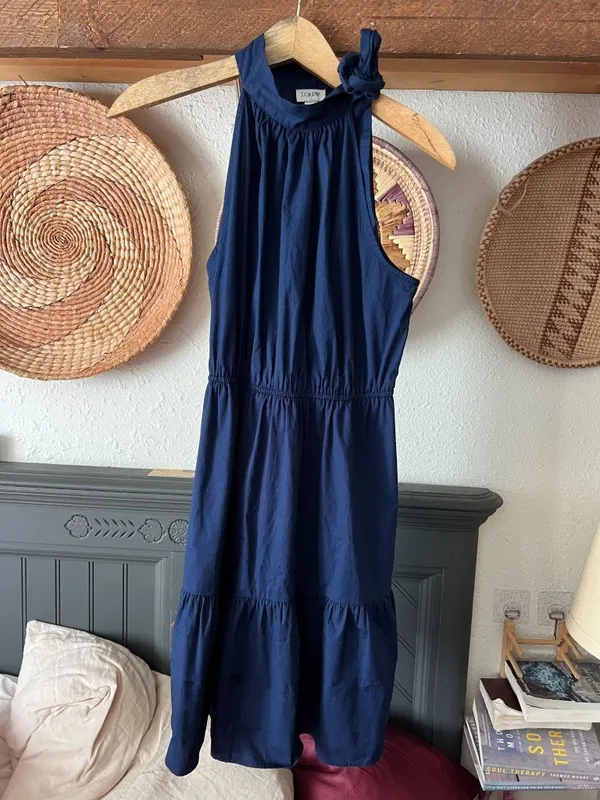 J.Crew Sz 8 Poplin Halter Neck Dress, Navy Blue Cute Summer Dress Classic Minima - Image 6