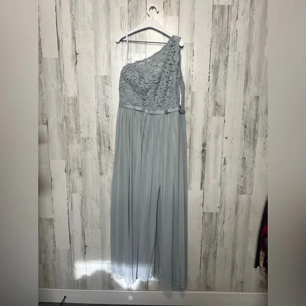 David’s Bridal One-Shoulder Lace Chiffon Gown – Misty Blue – Size 16 – NWT - Image 4