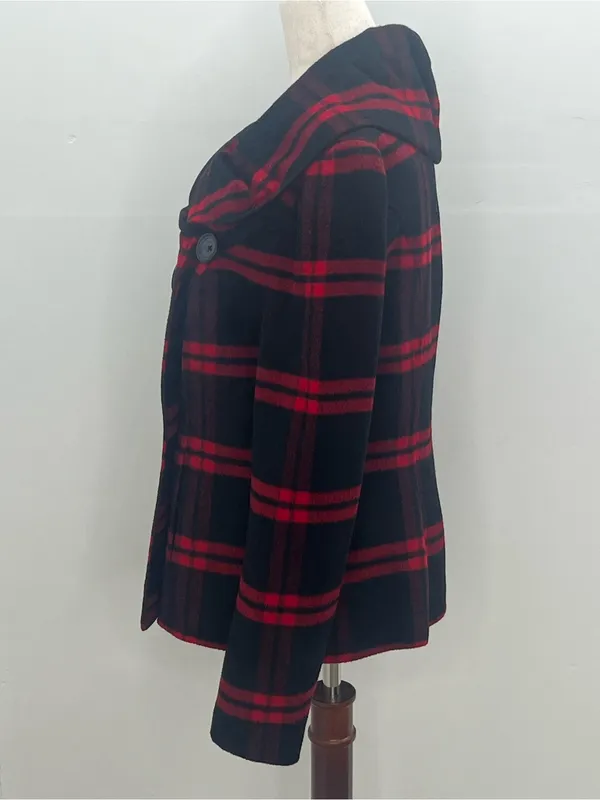 Tribal Women's Red Black Plaid Wool Blend Double Breasted Shawl Collar Coat Sz 8 - Image 5
