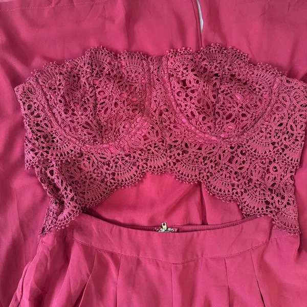 Papaya Burgundy Maroon Jumpsuit Lace Top Bare Midriff Open Back Wide Leg Sheer Overlay - Image 4