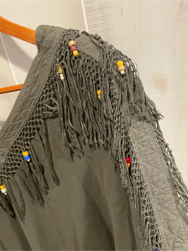 Cute vintage 80s olive beaded fringe oversized v tunic morocco boho festival - Image 3