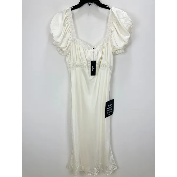 Lulus Catherine Ivory Satin Puff Sleeve Slip Midi Dress Romantic Cocktail L NWT - Image 6