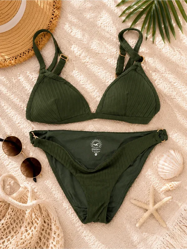 Hollister Ribbed Bikini Set Olive Green Large Top XL Bottom Like New - Image 2