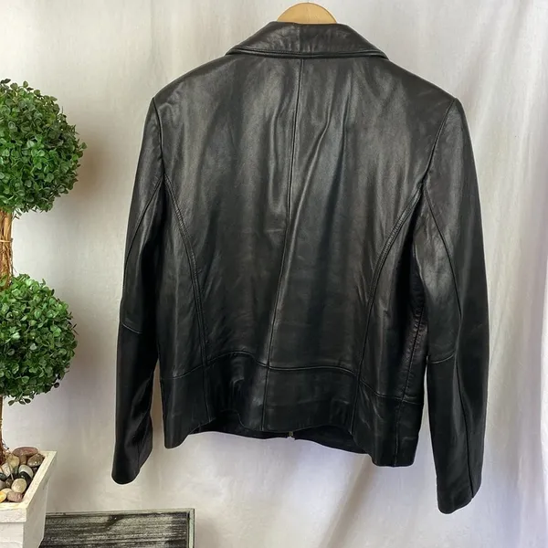 Nine West 100% Leather Black Zip Long Sleeve Jacket L - Image 3
