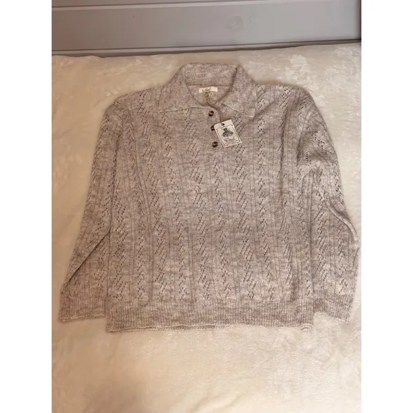 NWT Easel Los Angeles Pointelle Knit Polo Sweater Oatmeal Beige Wool Blend Large - Image 4