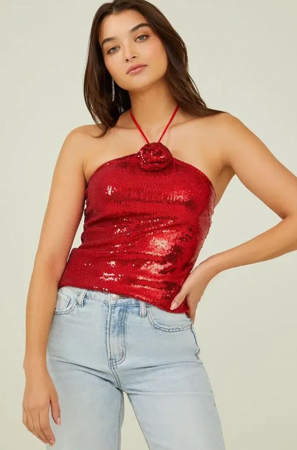 NWT Altar’d state red rose sequin halter top. Size xSmall. - Image 3