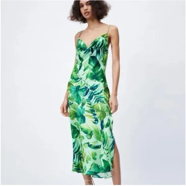 Zara Green Tropical Palm Leaf Satin Long Maxi Slip Dress Size XS - Image 13