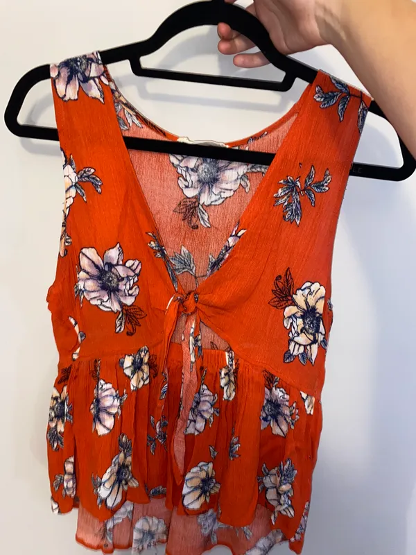 Orange Flower Print Cutout Sleeveless Blouse - Image 2
