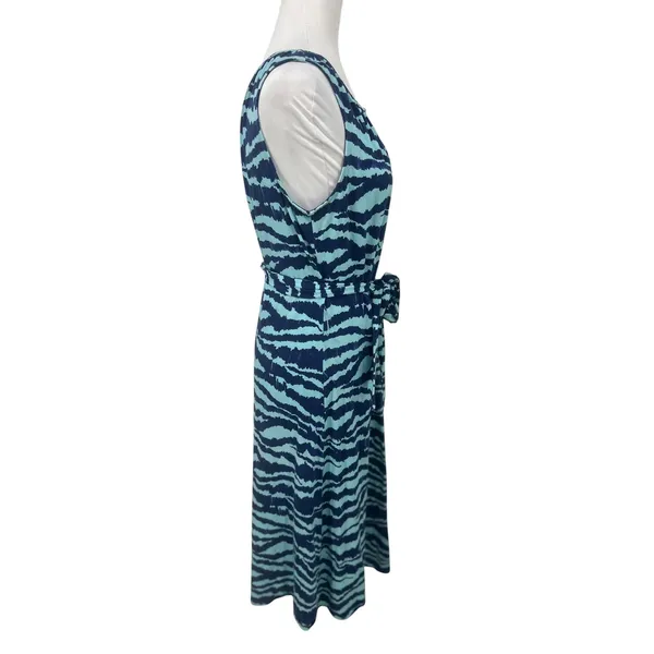 Lands' End Womens M 10-12 Blue Zebra Print‎ Sleeveless Belted Knit Midi Dress - Image 4
