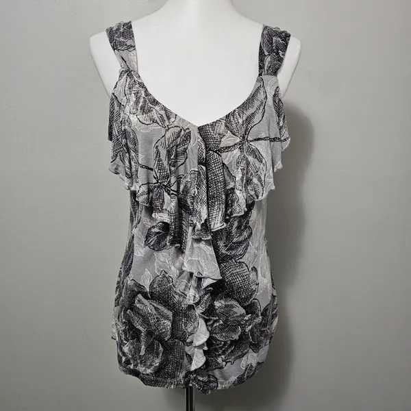 NY&CO Gray Floral Ruffle Tank Top Large Feminine Elegant Romantic Polished Work - Image 2