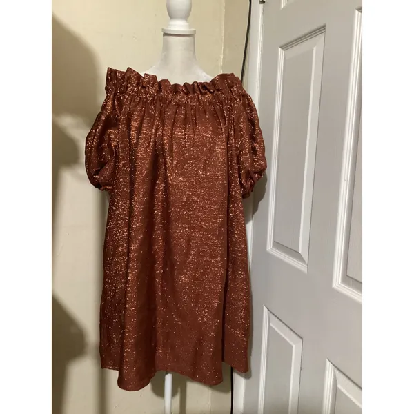 Sézane Editions Metallic Copper Off Shoulder Puff Sleeve Dress Rust Orange EU 38 - Image 2