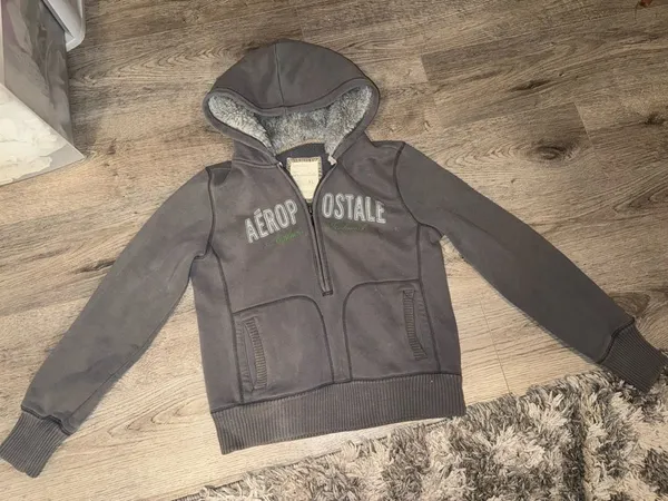 Y2K Vntge Aeropostale 87 Grey Half Zip Hoodie w/ Faux Fur Hood XL - Image 8