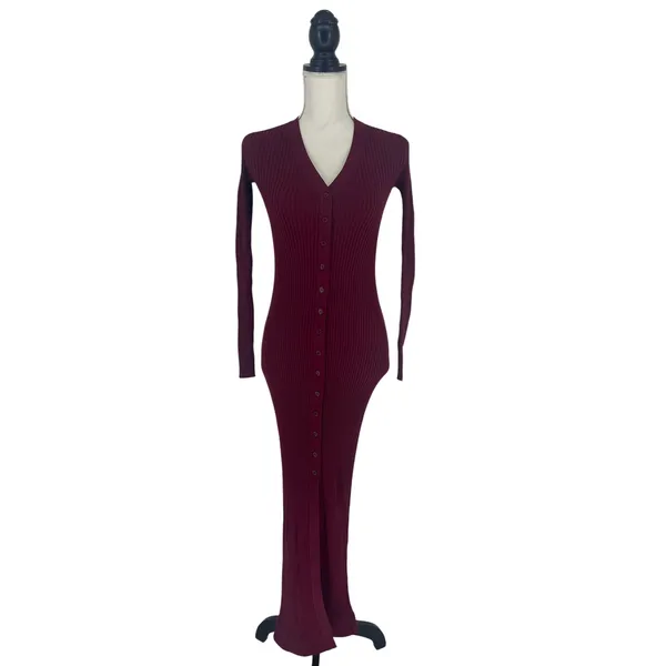 STAUD Shoko Ribbed Knit‎ Button Front Maxi Dress Burgundy XS - Image 2