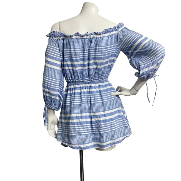 LOVERS + FRIENDS Womens XS Blue‎ White Striped Off Shoulder Nautical Mini Dress - Image 6