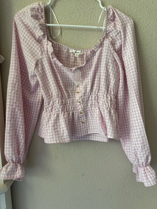 mine Pink Gingham Smocked Peplum Blouse - Image 6