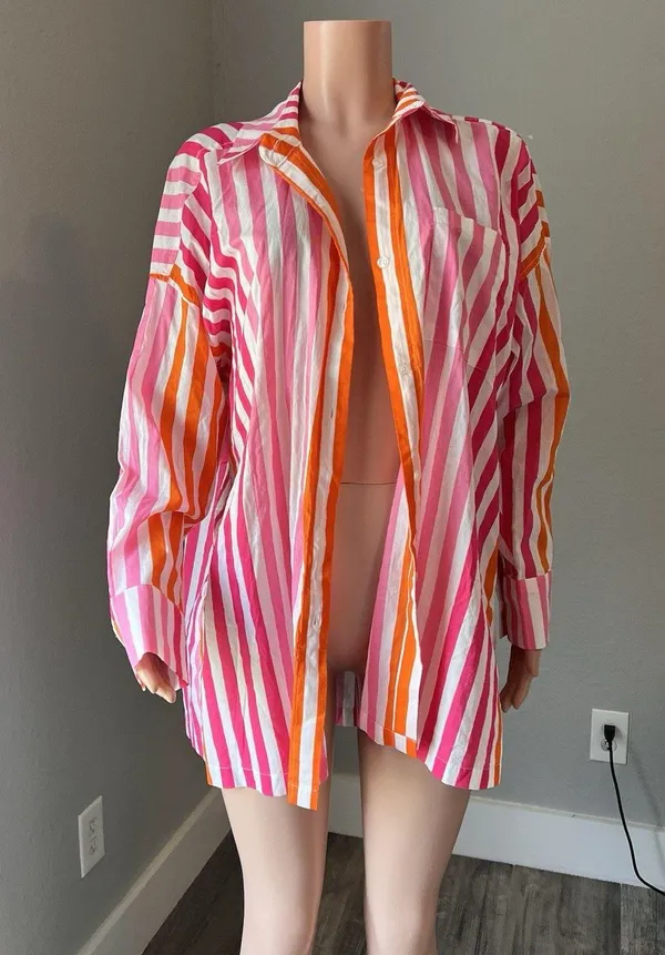 Beach Riot Womens Sz L/XL Top Pink Orange Stripe Swim Cover Up Button Up #148 - Image 6