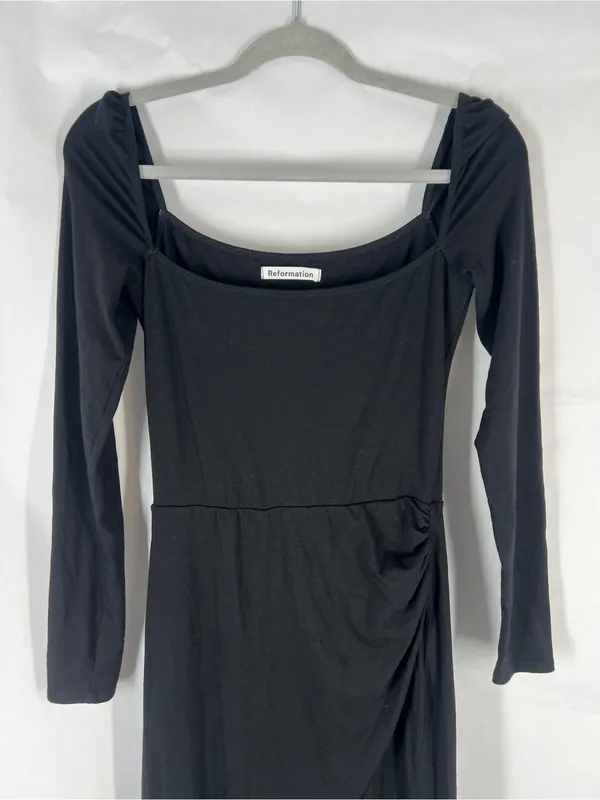 Reformation Dottie Black Long Sleeve Ruched Midi Dress Size S - Image 3