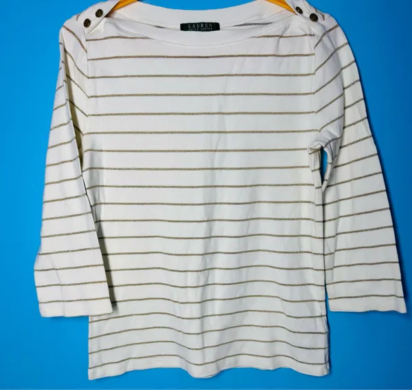 Lauren Ralph Lauren White and Gold Metallic Striped Boatneck Top - Image 10
