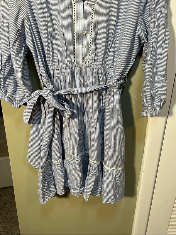 Zara Women's Size Large Mini Shirt Dress Blue White Stripes Crochet Belted Linen - Image 6