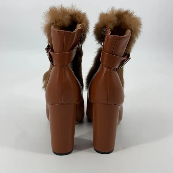 Fur Cuff‎ Pointed Toe Heeled Ankle Boots Womens EU 41 Brown Buckle Faux Leather - Image 3