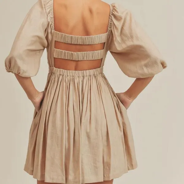 Mable Linen Blend Beige Londyn 3/4 Puff Sleeve Open Back Mini Dress Small - Image 2