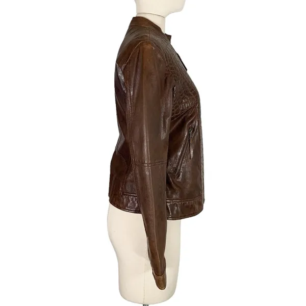 Burns 1876 Leather Embossed Zip Up Jacket Brown Size Small - Image 3