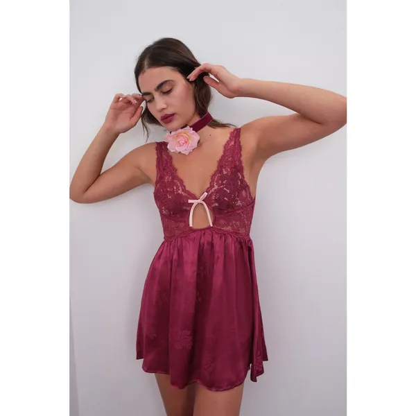 For Love & Lemons Red Floral Lace Silk Satin Sleeveless Mini Slip Dress Sz L - Image 2
