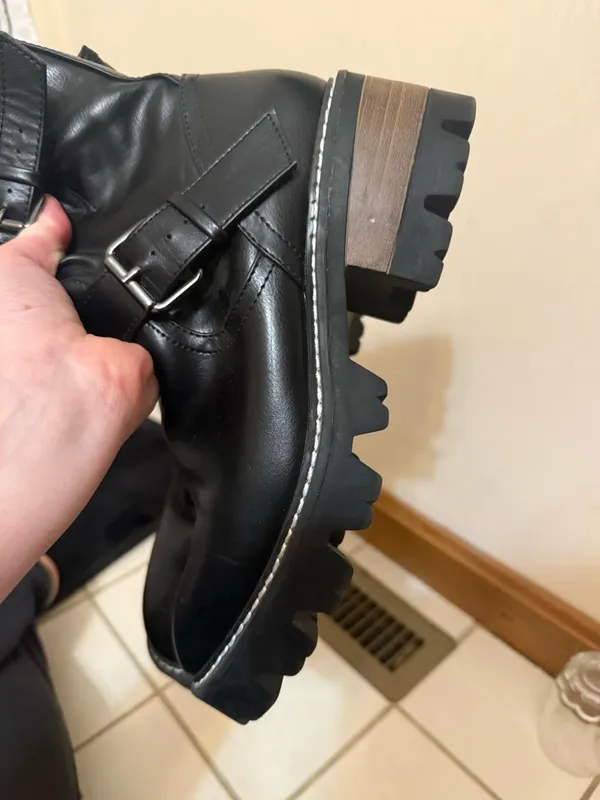 Universal Threads | Black Leather Mid-Calf Combat Boots with Buckle Strap - Image 5