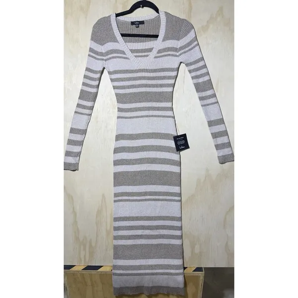 NWT $65 Lulus Casual Aura Beige‎ Striped Knit Long Sleeve Midi Dress Womens XL - Image 2