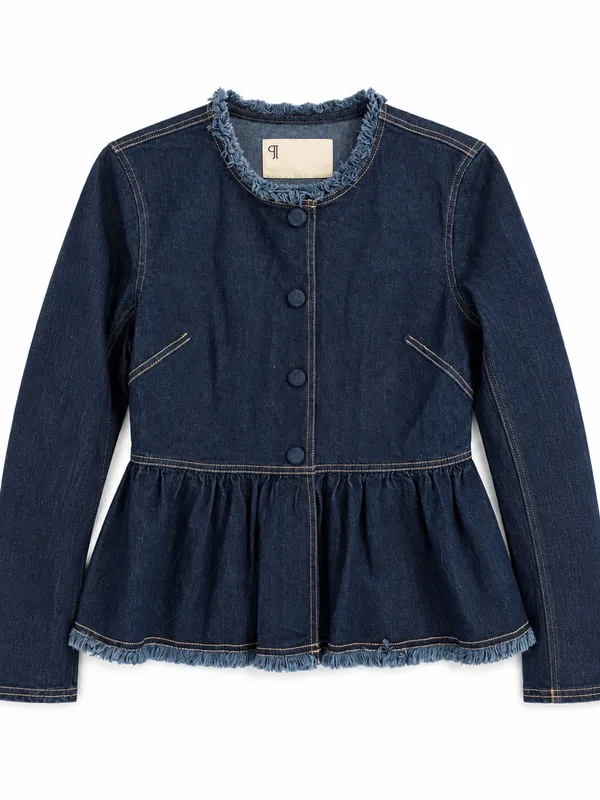 Pilcro Denim Jacket Womens Small Blue Excellent Peplum Collarless Raw Edge - Image 5