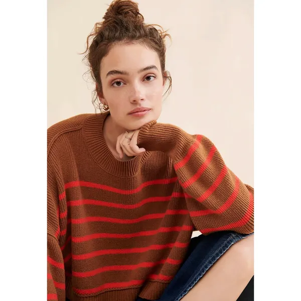 Free People Easy Street Stripe Crop Pullover Sweater Brown Orange Medium - Image 13