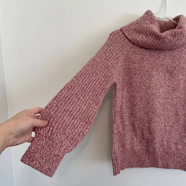 NINE WEST Cowlneck Sweater Mauve Pink White Marled Heather Cowl Neck Puff Sleeve - Image 7