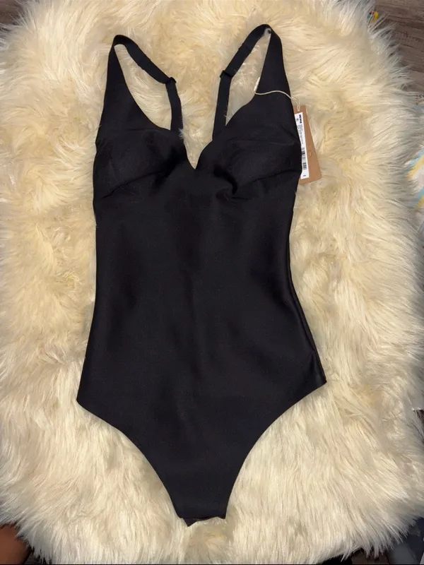 SKIMS $88 NWT UNLINED PLUNGE THONG BODYSUIT in Onyx black L - Image 5