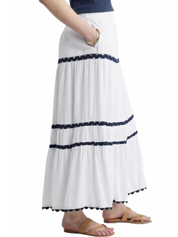 Caslon Rickrack Trim Linen Blend Tiered Maxi Skirt NWT White Navy Large - Image 3